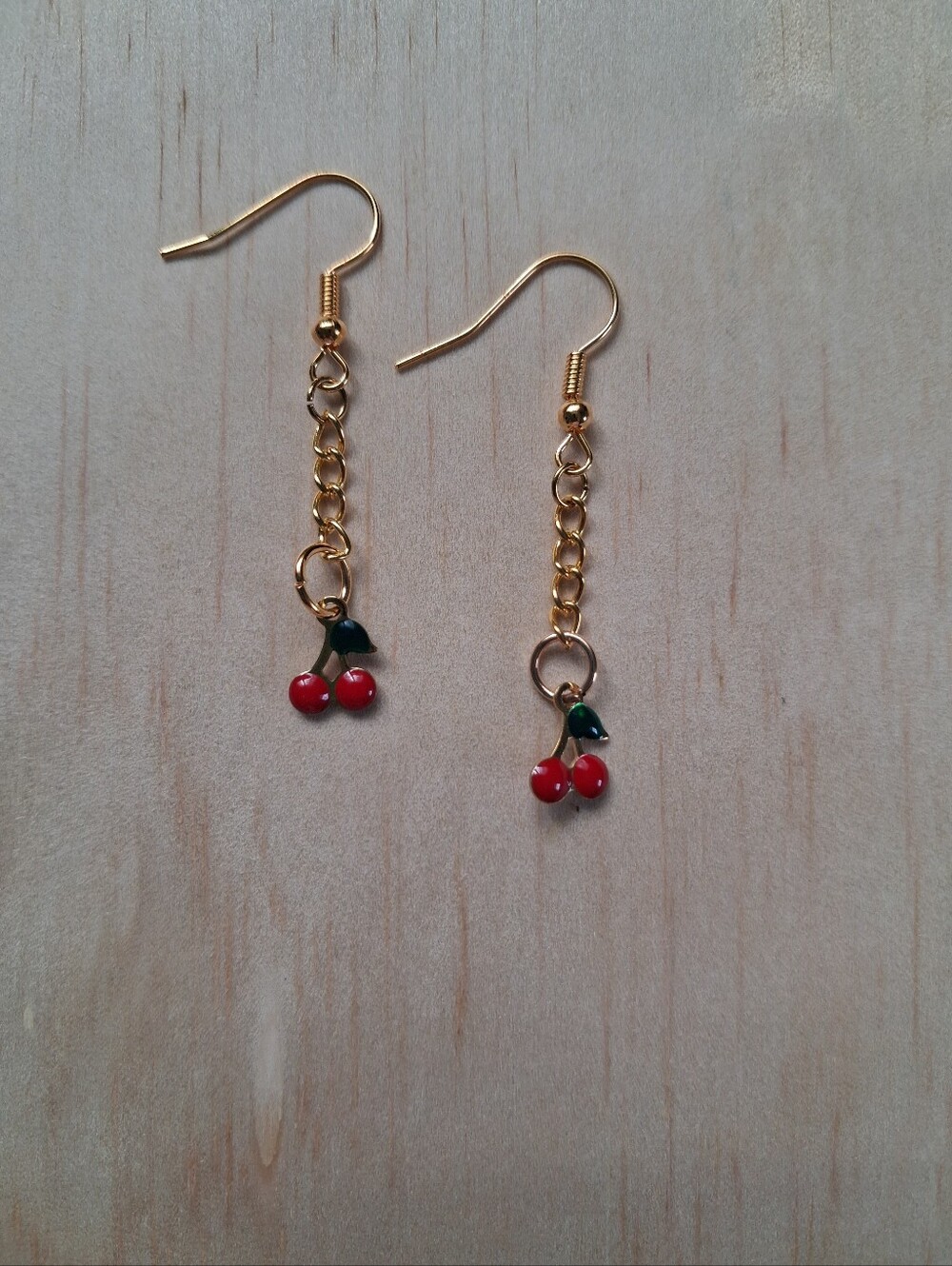 2" Stainless Steel Gold Cherry Drop Earrings - Red Cherry Charm